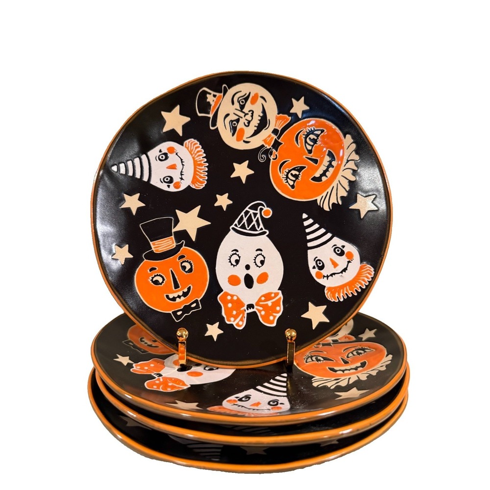 4 Eli + Ana Vintage Style Halloween Ceramic Salad Plates Black Orange 8.5", New